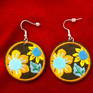 Floral Embroidered Earrings - Black, Orange, Blue